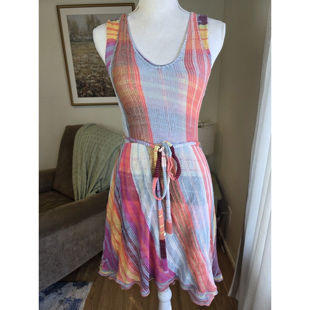 Cecilia Prado Dress Size Small Pink Blue Plaid Crochet Mini Sleeveless